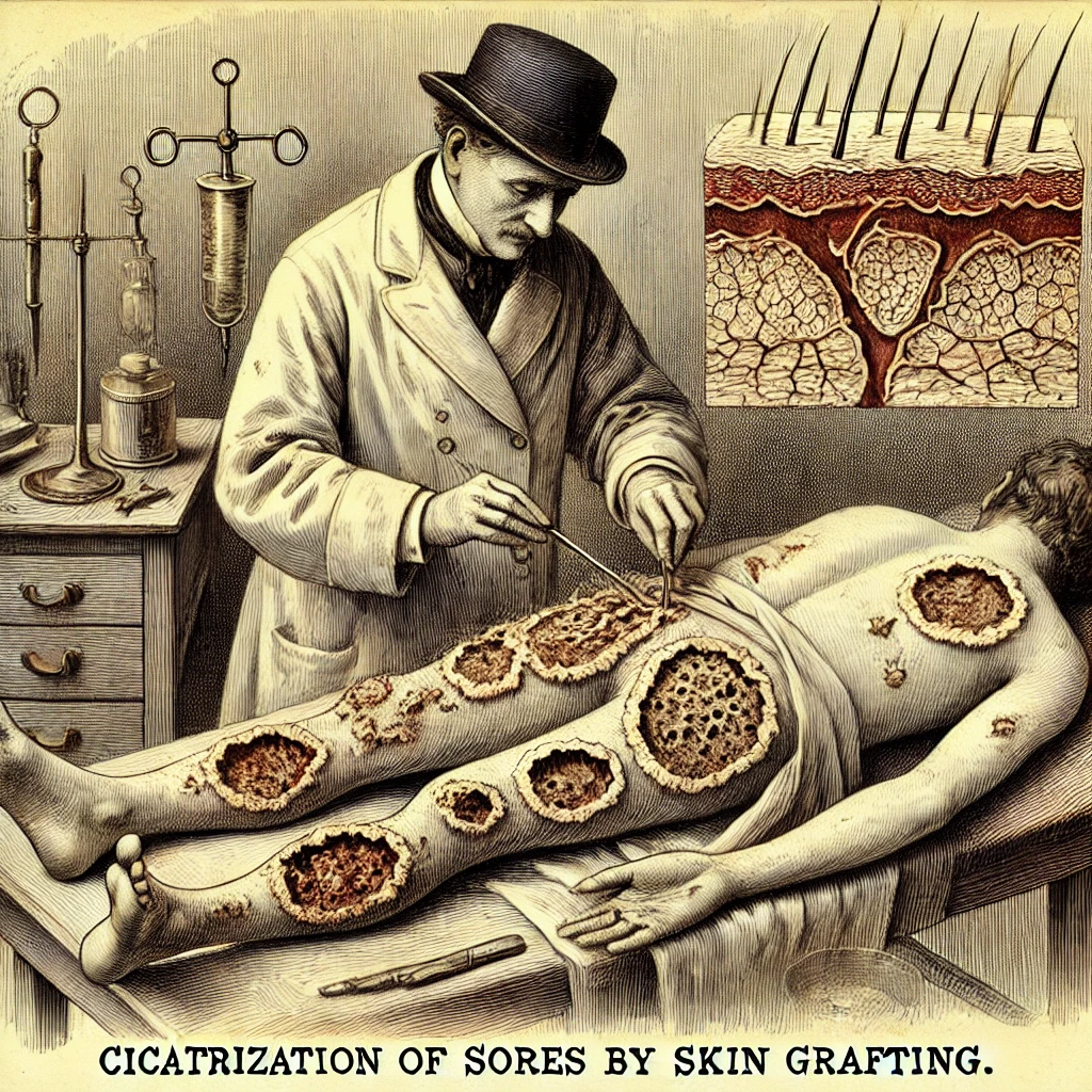 Image of Old medical illustration of skin graft surgery (ภาพวาดทางการแพทย์เก่าแก่แสดงการผ่าตัดปลูกถ่ายผิวหนัง)